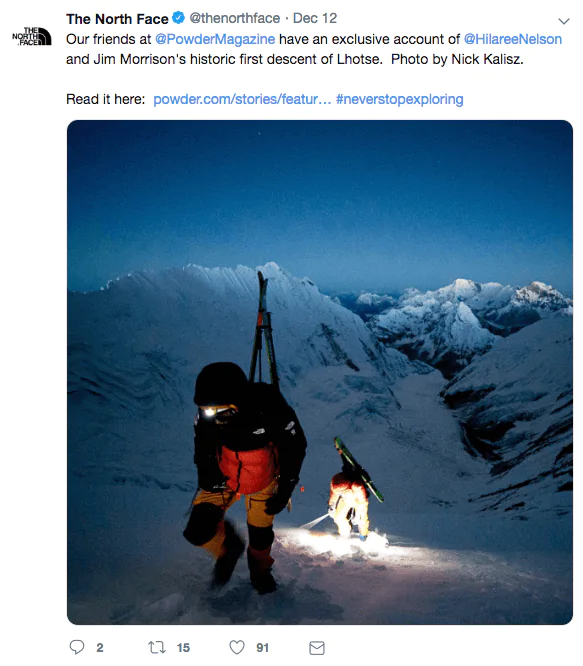 Una captura de pantalla de la publicación en Twitter de la página de North Face