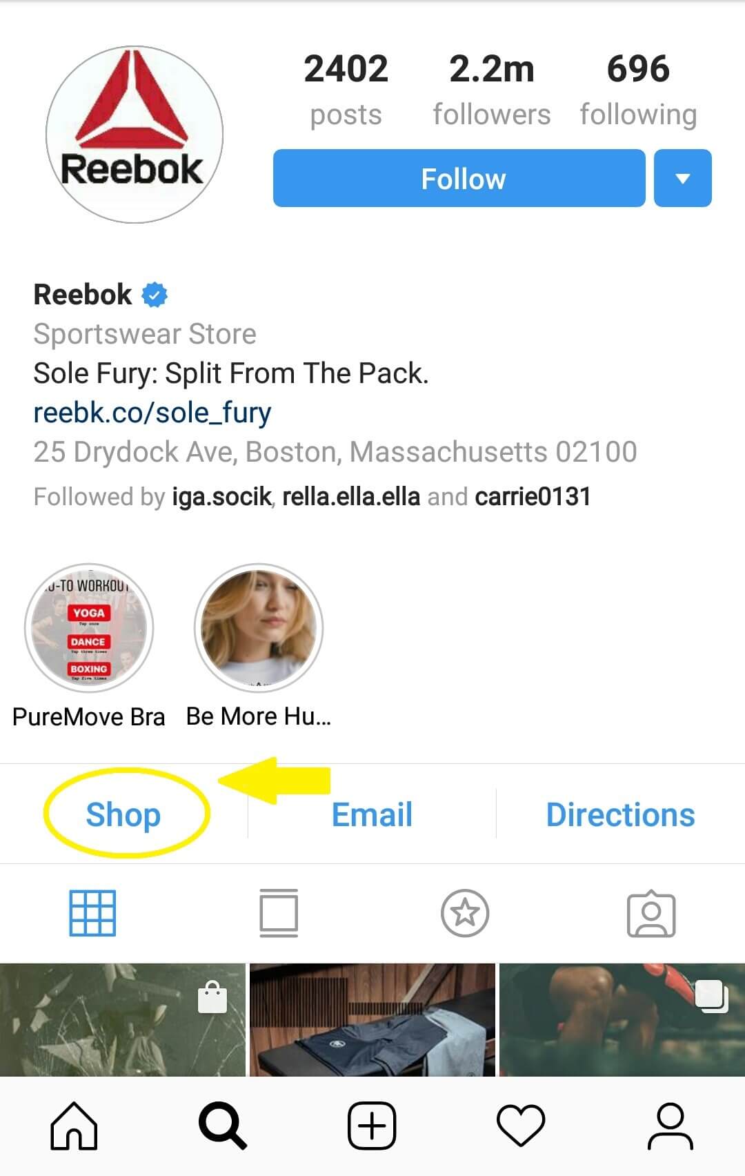 Pestaña de tienda para perfiles de empresa de Instagram (Reebok)