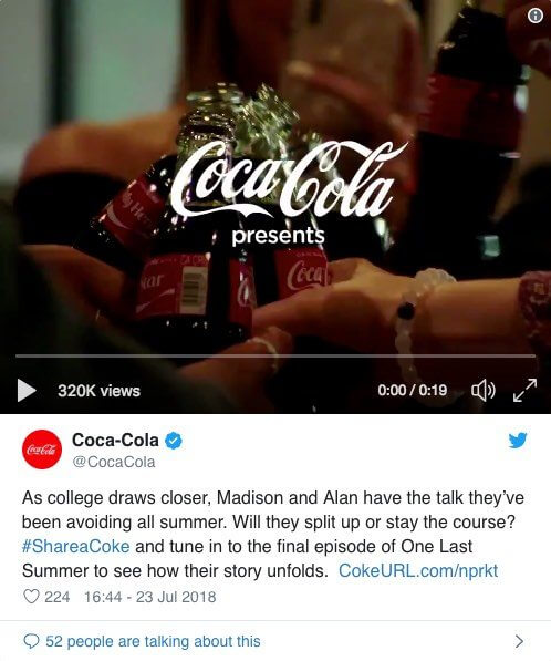 A screenshot of Coca Cola's tweet using #ShareACoke hashtag