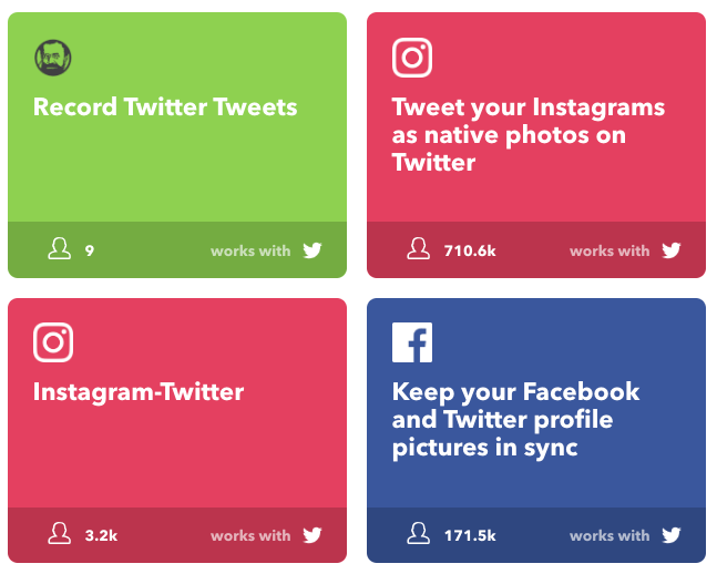 A print screen of possible Twitter automation links between different platforms called IFTTT, a robust Twitter productivity tool 