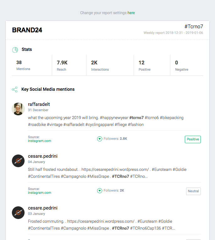An example of a daily and weekly report from Brand24