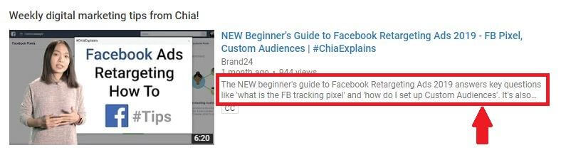 imagen que contiene un extracto de la descripción de YT de #ChiaExplains Facebook Retargeting Ads