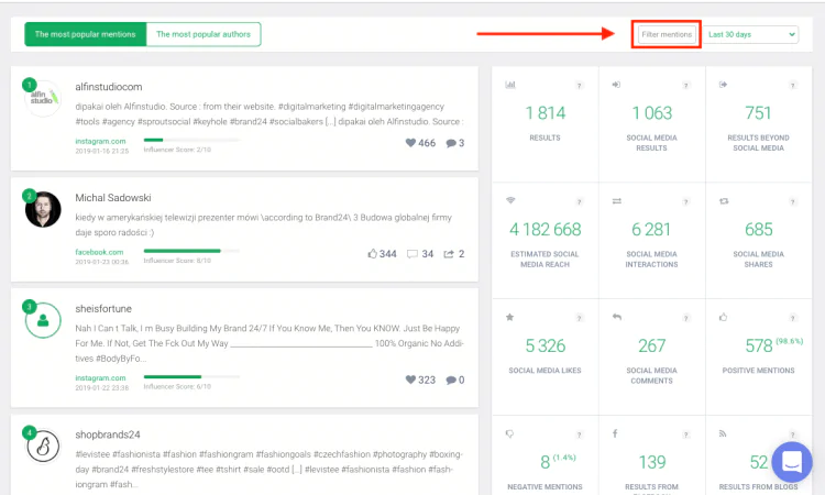 print screen from Brand24 showing where you can find the filters tab in the dashboard