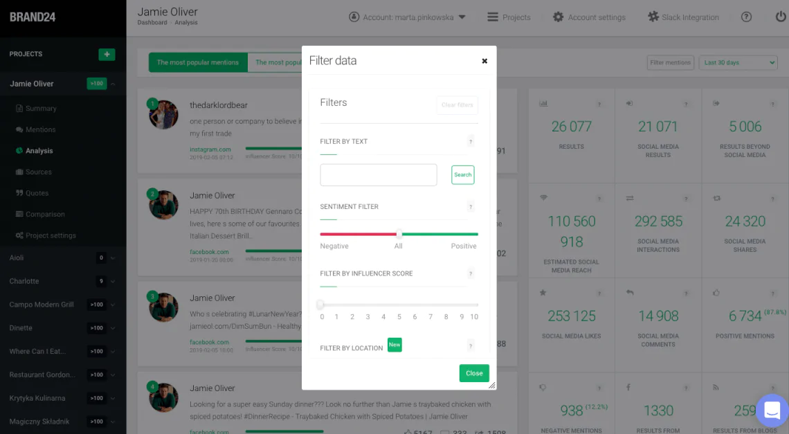 print screen from Brand24 where you can choose the filters you'd like to apply to your project