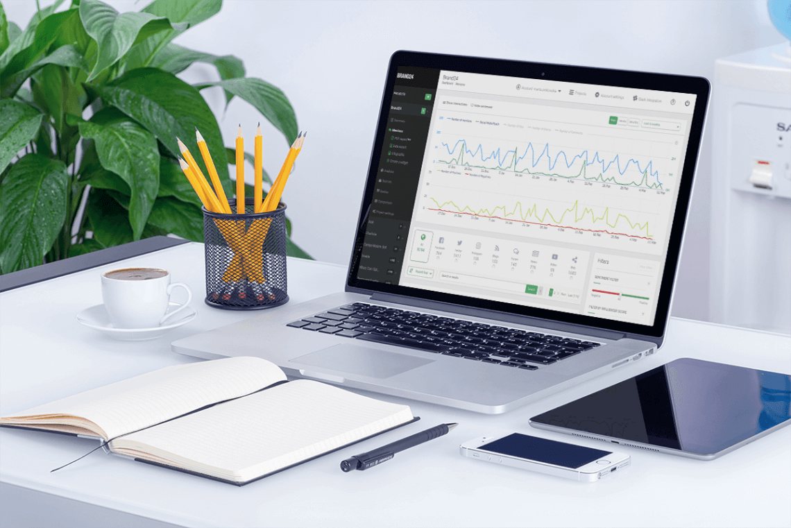 a frontal view of a desk with a laptop on it showing the metrics you need to assess while comparing marketing projects