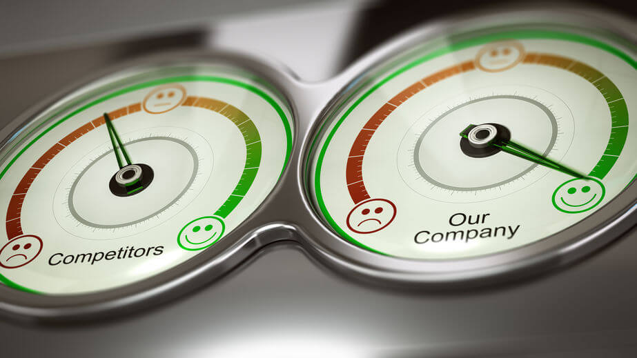 Conceptual 3D illustration of two gauges with text competitors and our company to measure performance, horizontal image. Concept of business benchmark or comparative advertising