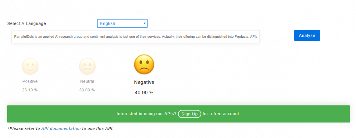 A screenshot of an example of sentiment analysis inside ParallelDots