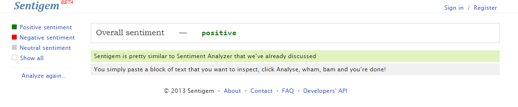 An example of sentiment analysis inside Sentigem