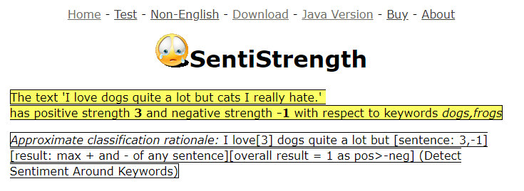 An example of sentiment analysis inside SentiStrength