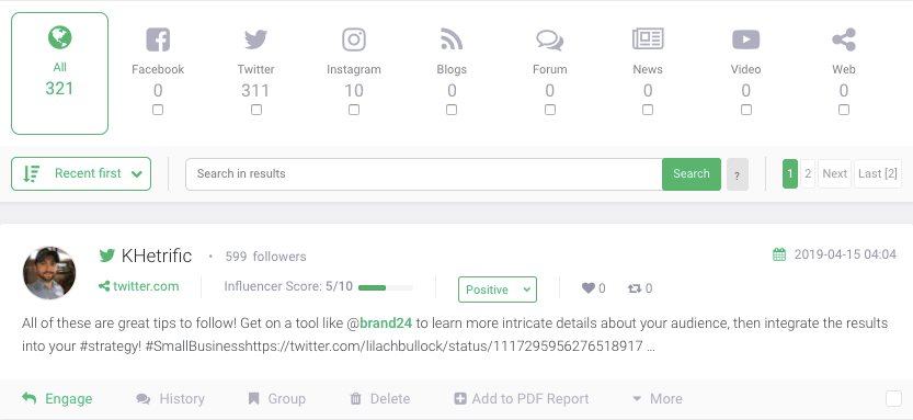 List of mentions in social media related to you keywords.