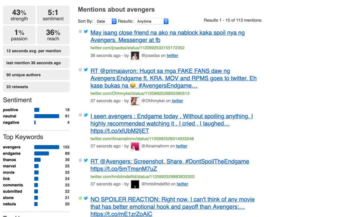 print screen from Social Mention, a brand reputation monitoring tool