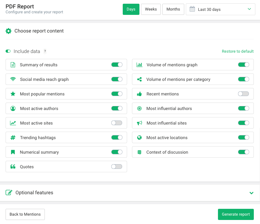 a PDF report creation wizard where you can generate a report containing the most important social media stats