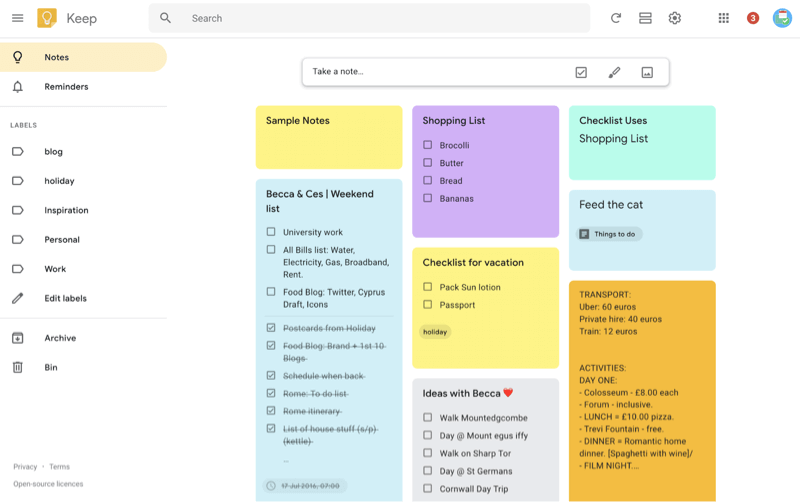 Una imagen de Google Keep, una buena herramienta para las relaciones públicas