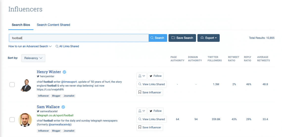 A screenshot from BuzzSumo - influencer marketing platform