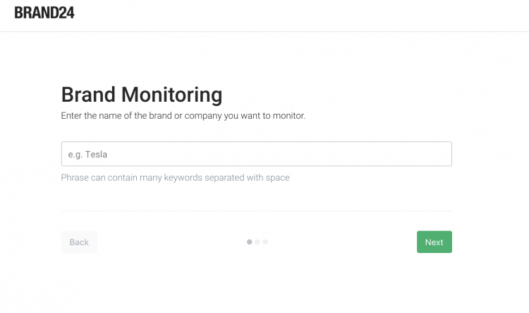 herramienta de creación de proyectos de monitorización de la reputación de marca en la que puede introducir las palabras clave que desea rastrear