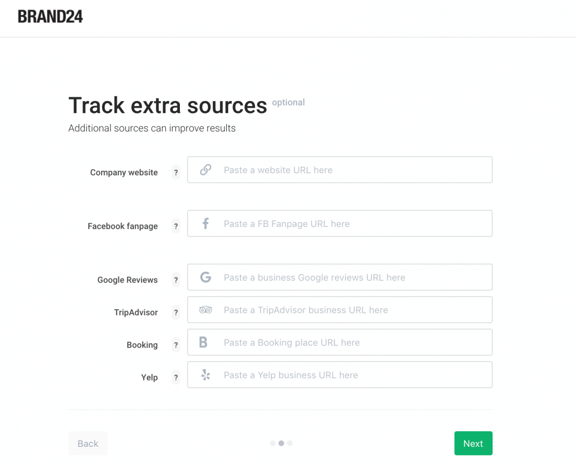 brand reputation monitoring project creation wizard where you can add extra source to your project