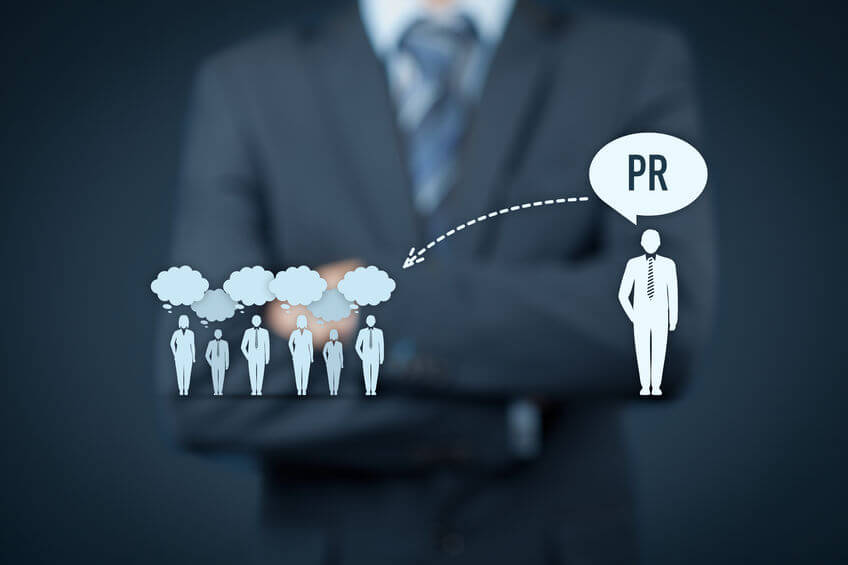 Public relations (PR) concept. Businessman think about PR services (public relations) and its impact to public.