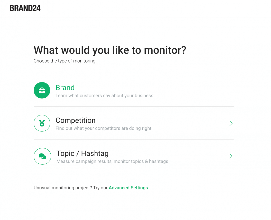 project creation wizard where you can choose terms you'd like to monitor while measuring the effects of brand awareness campaign