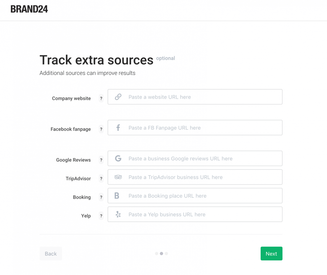 project creation wizard where you can add extra sources you'd want to monitor while measuring brand awareness