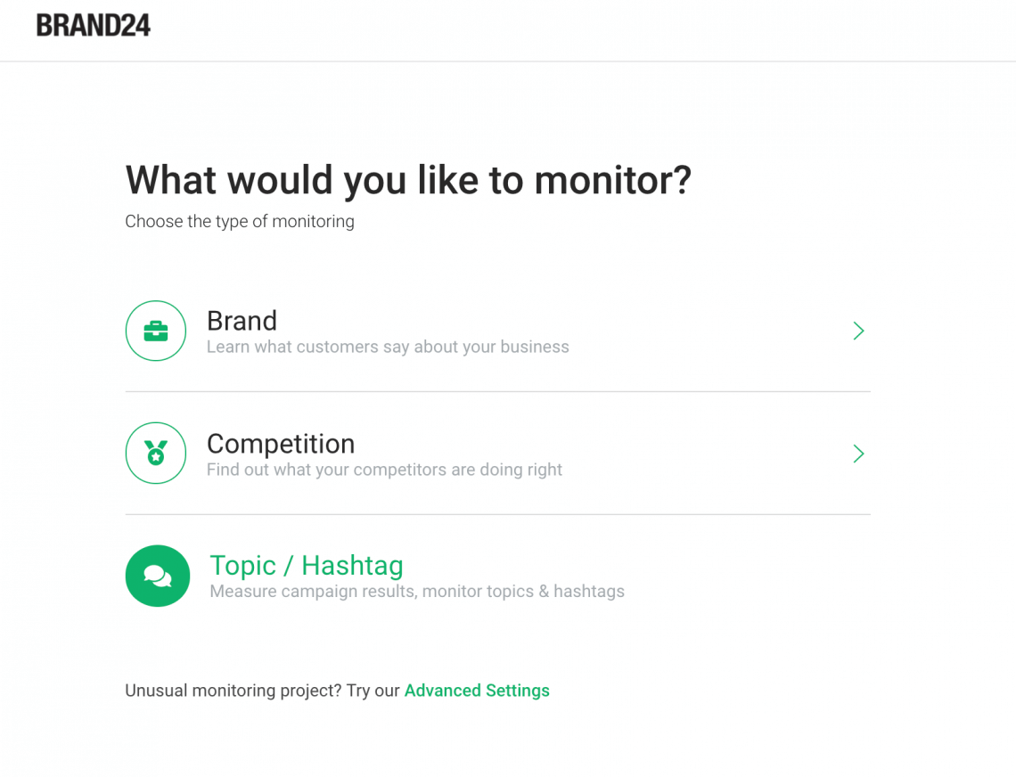 project creation wizard where you can choose the hashtag to track social shares