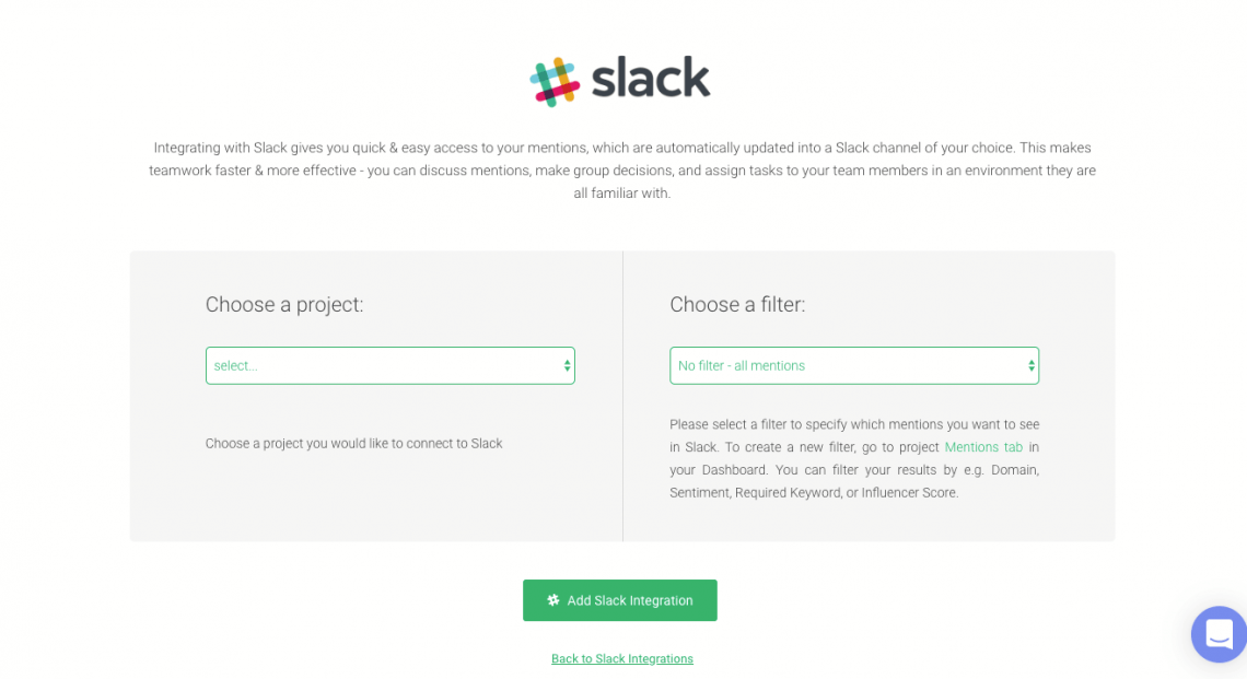 A panel where you can integrate your brand reputation monitoring project with a Slack channel