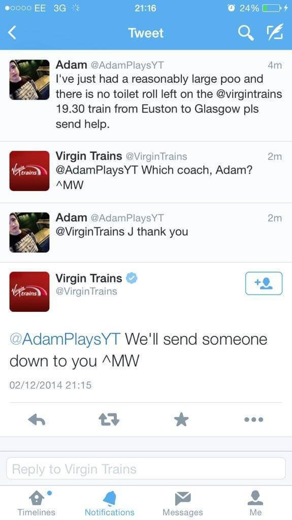 Pantalla de una conversación en twitter entre Virgin Trains y su cliente, en la que Virgin Trains le ofrecía ayuda cuando se quedaba sin papel higiénico. 