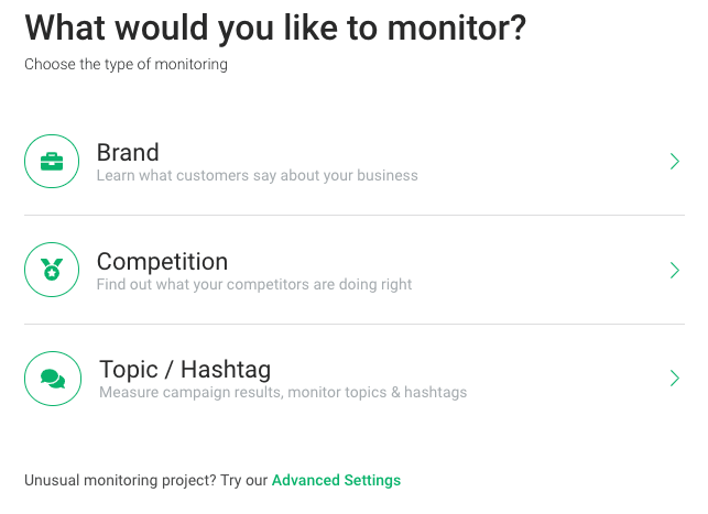 Picture showing first step of setting up a project in media monitoring tool Brand24.