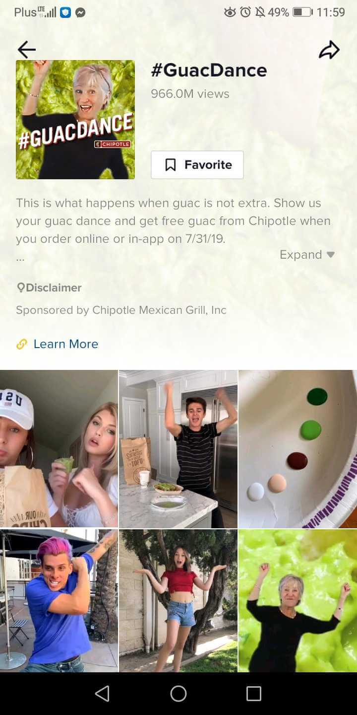 A screenshot showing #GuacDance, a TikTok hashtag campaign