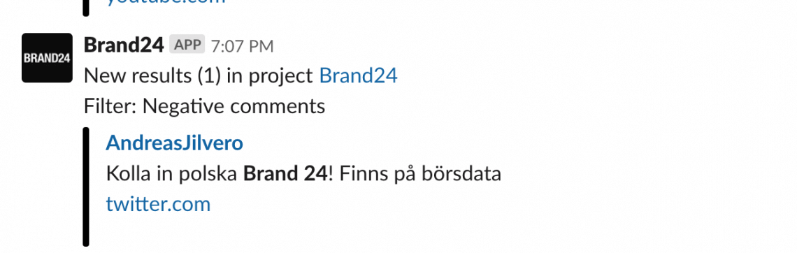 print screen showing a mention with negative sentiment as a slack notification