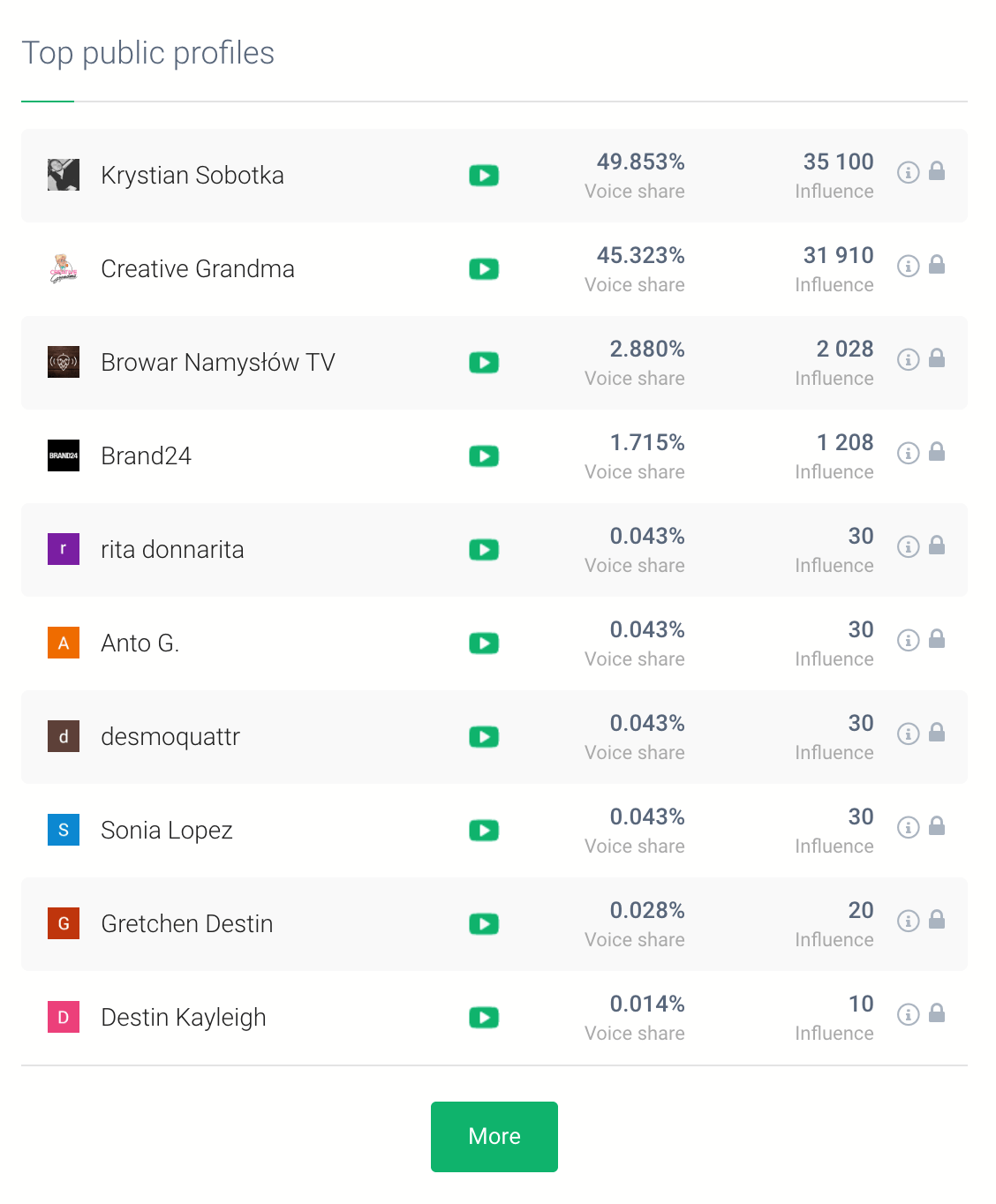 print screen from Brand24, a media monitoring tool showing top public profiles that will help you promote your YouTube channel