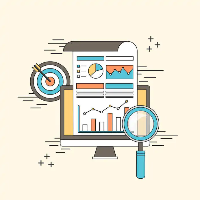 concepto analítico de datos: lupa con gráfico de negocio en estilo lineal