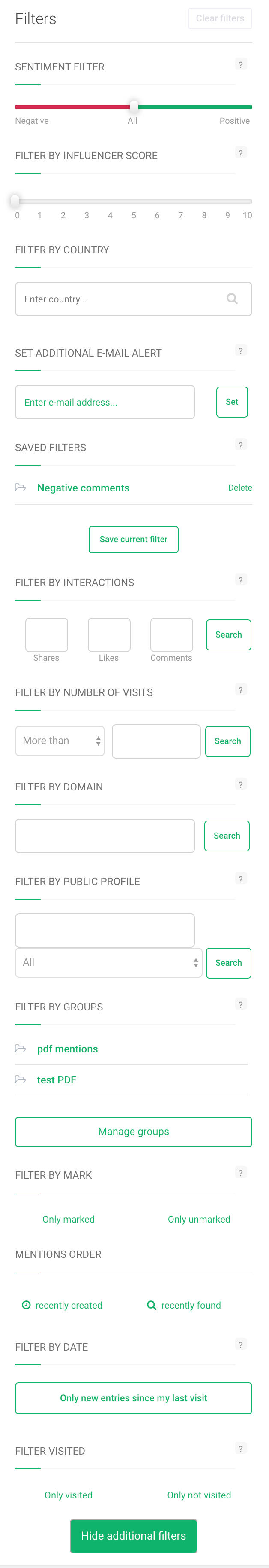 a selection of filters you can apply to your media monitoring project