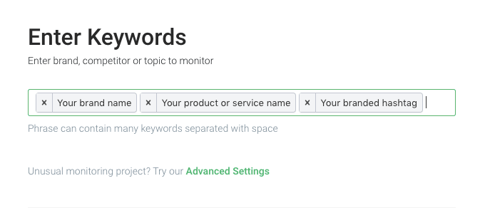 print screen presenting how to choose and type keywords in media monitoring tool brand24