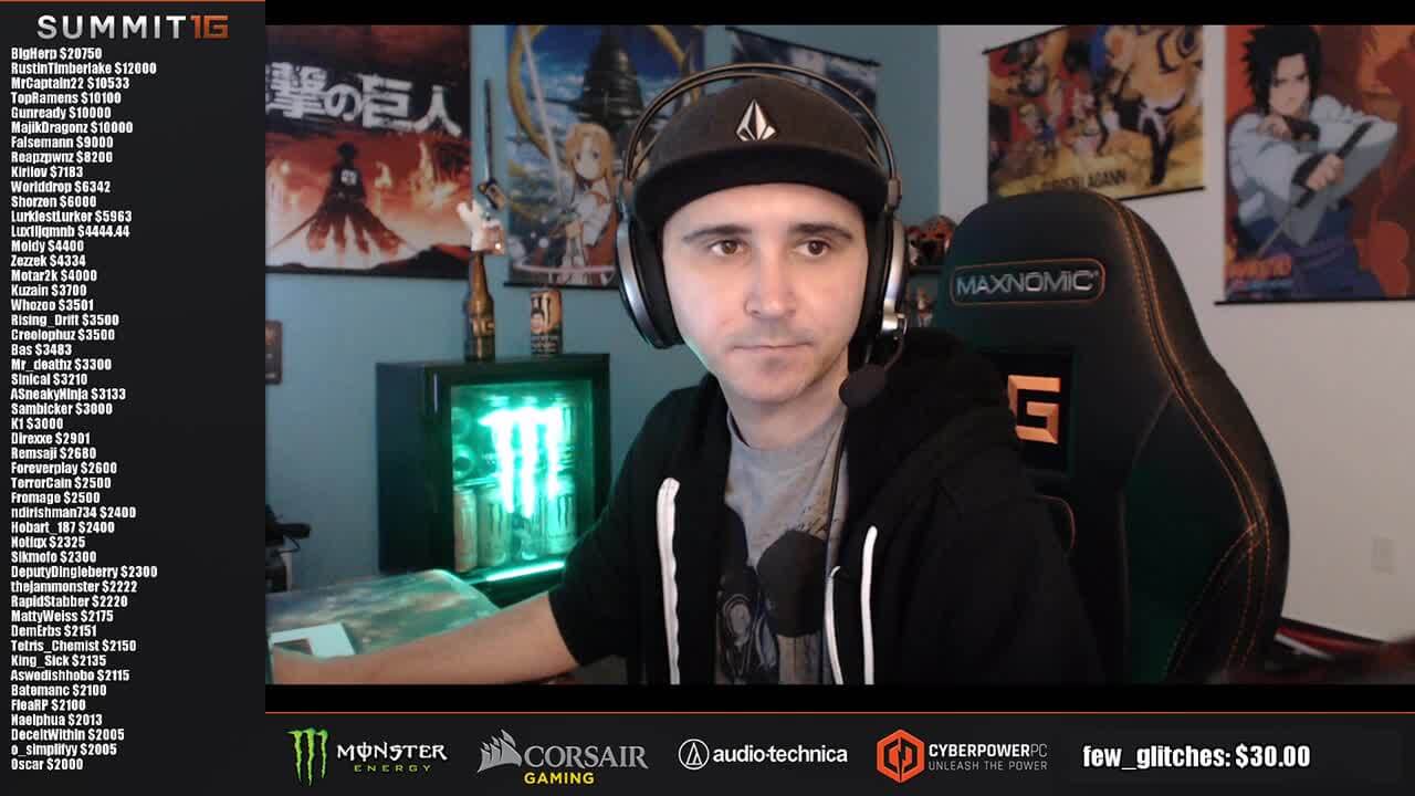 A screenshot of Jaryd "Summit1G" Lazar streaming on Twitch with a Monster fridge in the background