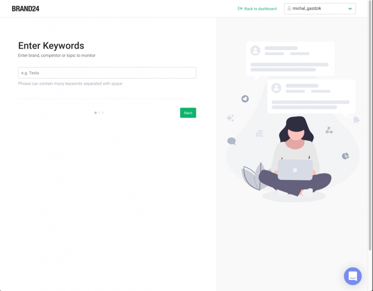 Brand24 project creation wizard with keywords that will help collect customer reviews like the name of your brand or product
