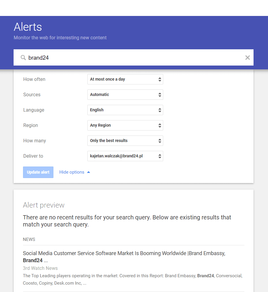 Google Alerts Settings