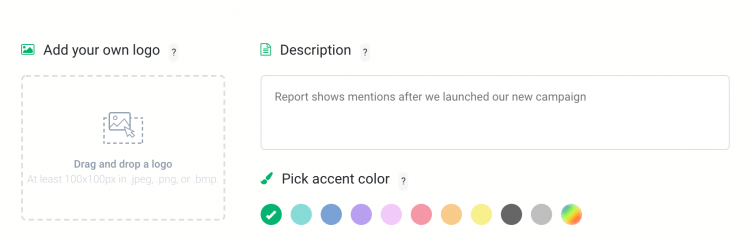 Print screen showing where you can add logo and pick accent colour for your media monitoring report