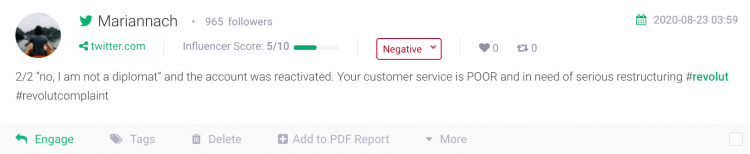 print screen showing negative mentions about a fintech app