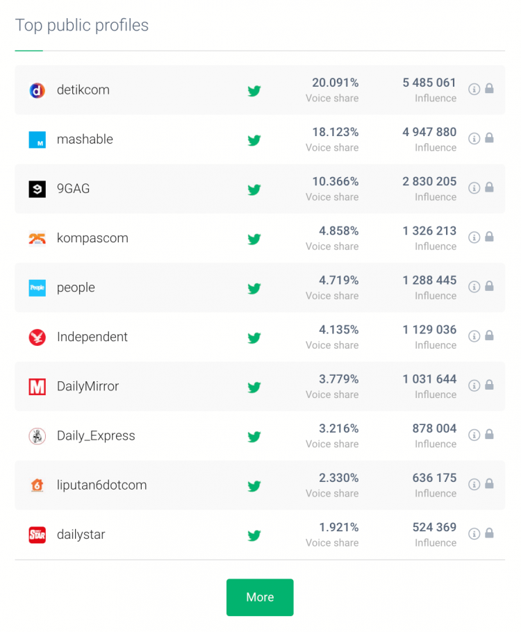 pantalla de impresión que muestra los perfiles públicos más importantes con los que puedes trabajar para promocionar tu marca personal