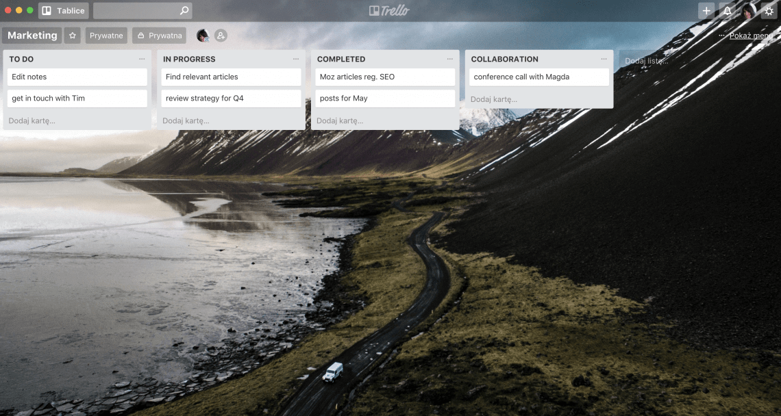 a print screen of trello dashboard with tasks on it