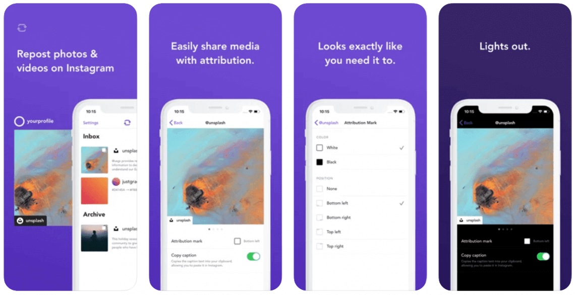 Screenshots from Repost: For Instagram app