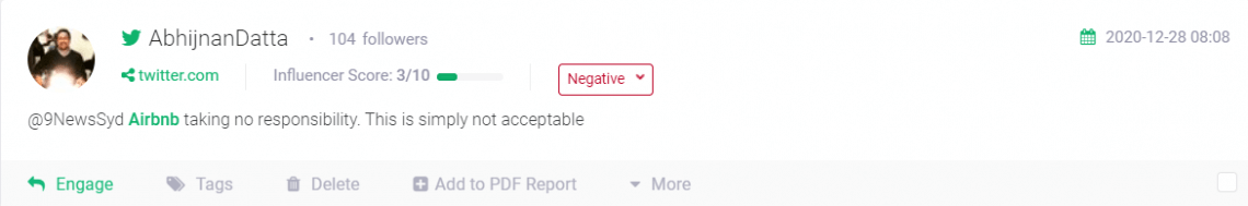 A screenshot showing negative mention