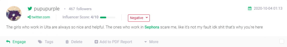 A screenshot of negative mention