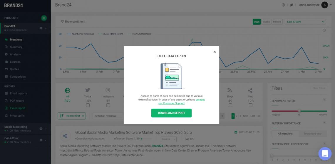 Captura de pantalla del creador de informes de Excel