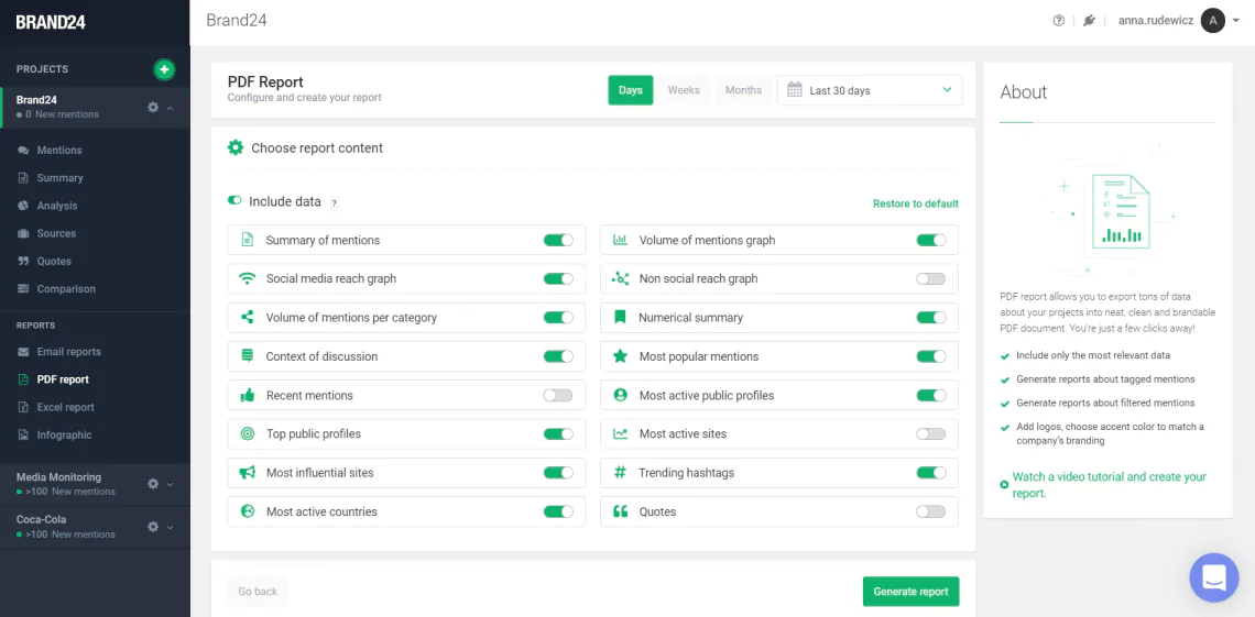 A screenshot showing PDF Reports creator