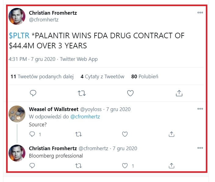 print screen of a tweet about Palantir
