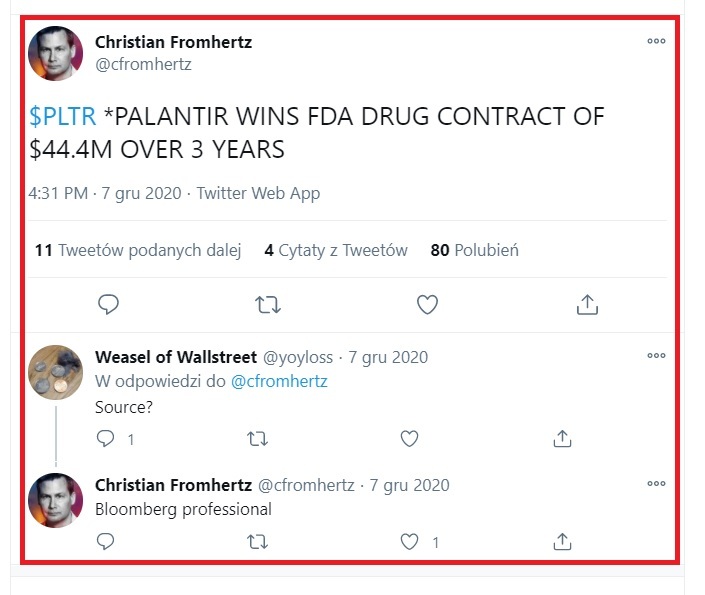 imprimir pantalla de un tweet sobre Palantir