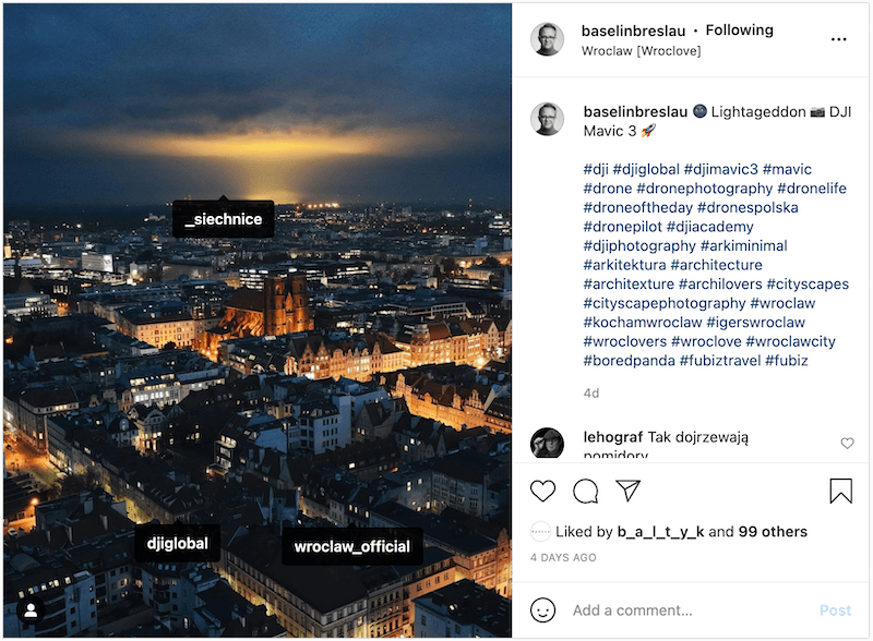 Krzysztof Basel's Instagram post featuring DJI mention.