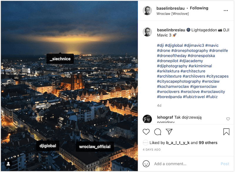Publicación en Instagram de Krzysztof Basel con mención a DJI.