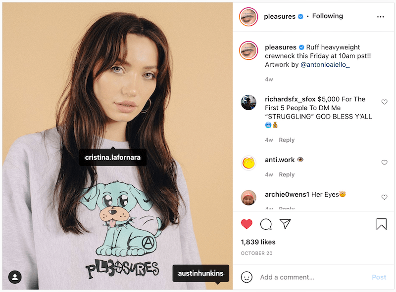 Fashion and beauty influencer Christina showcasing Pleasures crewneck.